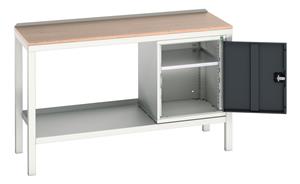 verso welded bench with cupboard & mpx top. WxDxH: 1500x600x930mm. RAL 7035/5010 or selected Verso Welded Work Benches for production areas